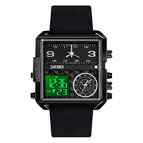 SKMEI Herren Digital Sportuhr LED Quadratisch Großes Zifferblatt Analog Quarz Armbanduhr mit Multi-Time Zone Wasserdicht Stoppuhr Business 1.78*1.61*0.55 inch Schwarzes Leder-hell von SKMEI