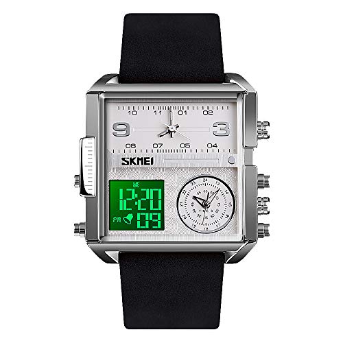 SKMEI Herren Digital Sportuhr LED Quadratisch Großes Zifferblatt Analog Quarz Armbanduhr mit Multi-Time Zone Wasserdicht Stoppuhr Business 1.78*1.61*0.55 inch Silber Schwarz-Licht von SKMEI