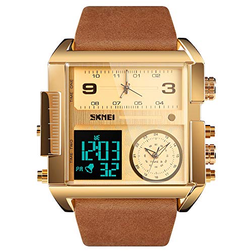SKMEI Digitale Sportuhr für Herren, LED, quadratisch, großes Zifferblatt, analog, Quarz-Armbanduhr mit mehreren Zeitzonen, wasserdichte Stoppuhr, Goldbraun, 2.17*2*0.59 inch, Casual von SKMEI