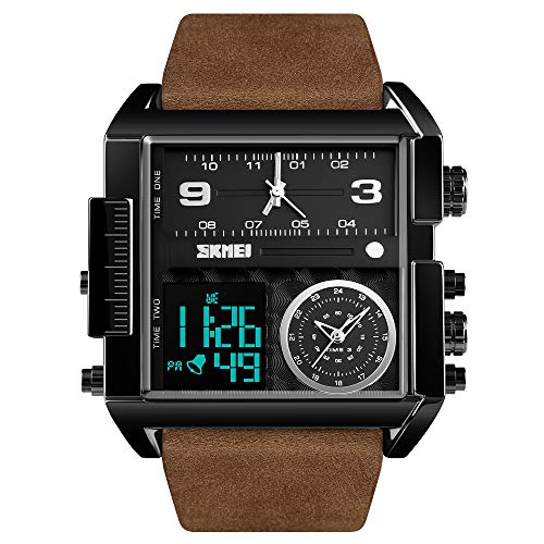 SKMEI Herren Digital Sportuhr LED Quadratisch Großes Gesicht Analog Quarz Armbanduhr mit Multi-Time Zone Wasserdicht Stoppuhr, Schwarz - Black Coffee, Digital von SKMEI