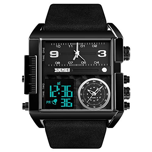 SKMEI Herren Digital Sportuhr LED Quadratisch Großes Zifferblatt Analog Quarz Armbanduhr mit Multi-Time Zone Wasserdicht Stoppuhr Schwarz von SKMEI