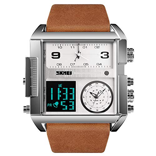 SKMEI Herren Digital Sportuhr LED Quadratisch Großes Zifferblatt Analog Quarz Armbanduhr mit Multi-Time Zone Wasserdicht Stoppuhr Silberbraun SKMEI Herren Digital Sportuhr LED Quadratisch Großes Zifferblatt Analog Quarz Armbanduhr mit Multi-Time Zone Wasserdicht Stoppuhr Silberbraun von SKMEI