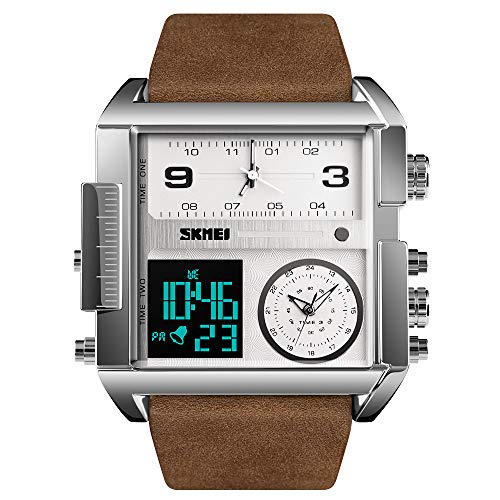 SKMEI Herren Digital Sportuhr LED Quadratisch Großes Zifferblatt Analog Quarz Armbanduhr mit Multi-Time Zone Wasserdicht Stoppuhr Silberkaffee SKMEI Herren Digital Sportuhr LED Quadratisch Großes Zifferblatt Analog Quarz Armbanduhr mit Multi-Time Zone Wasserdicht Stoppuhr Silberkaffee von SKMEI
