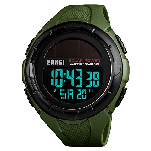 SKMEI Herren Solar-Digital-Sportuhr, 50 m wasserdicht, Militär-Outdoor-Uhren, schwarzes großes Zifferblatt mit Stoppuhr, Wecker, stoßfeste LED 1.8*2*0.59 inch armee-grün von SKMEI