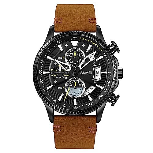 SKMEI Herren Uhren 30M Wasserdicht Quarz Chronograph Wasserdicht Uhren Business und Sport Design Leder Band Strap Armbanduhr für Männer, Bronze, Modetrend von SKMEI