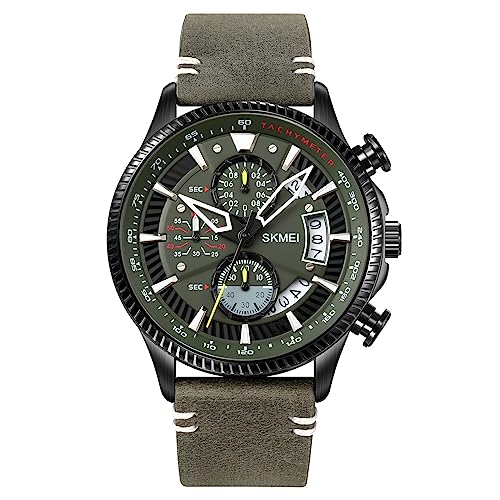 SKMEI Herren Uhren 30M Wasserdicht Quarz Chronograph Wasserdicht Uhren Business und Sport Design Leder Band Strap Armbanduhr für Männer, Hellgrün, Modetrend von SKMEI