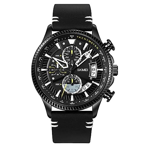 SKMEI Herren Uhren 30M Wasserdicht Quarz Chronograph Wasserdicht Uhren Business und Sport Design Leder Band Strap Armbanduhr für Männer, Schwarz, Modetrend von SKMEI