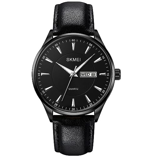 SKMEI Herren-Armbanduhr, schwarzes Leder, modisch, Business-Kleid, klassisch, lässig, einfach, leicht, analog, wasserdicht, Tag, Datum, Kalender, Vater, Geschenk, goldene Armbanduhr, Schwarzes von SKMEI