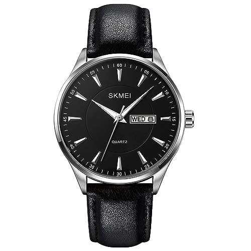 SKMEI Herren Uhren Schwarz Leder Mode Business Kleid Klassisch Lässig Einfach Licht Analog Wasserdicht Tag Datum Kalender Papa Väter Geschenke Gold Armbanduhr, Silbernes Gehäuse, schwarzes von SKMEI