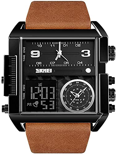 SKMEI Uhren für Männer, Quadratische Herrenarmbanduhren, LED-Hintergrundbeleuchtung Großer Bildschirm Multi-Time-Zone Herrenuhr, wasserdichte analoge Herren-Digital-Sportuhr, Schwarz und braun, Case von SKMEI