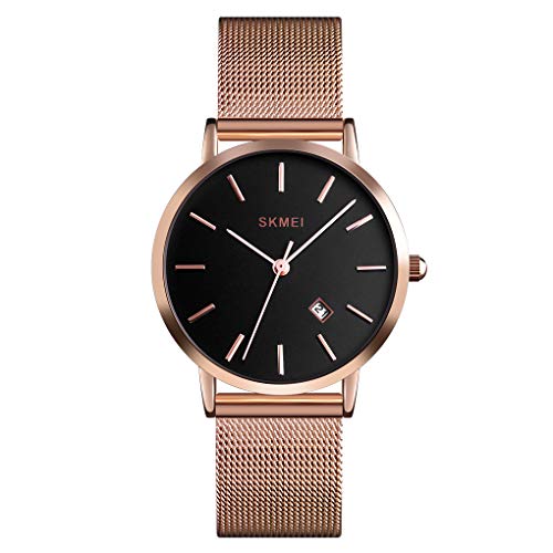 SKMEI Uhren für Frauen Analog Quarz Minimalistisch Einfaches Kleid Rose Gold Frauen Slim Dünne Armbanduhr Mesh Band Wasserdichte Uhren Mode Damen Armbanduhr mit Datum, Roségold, 33 von SKMEI