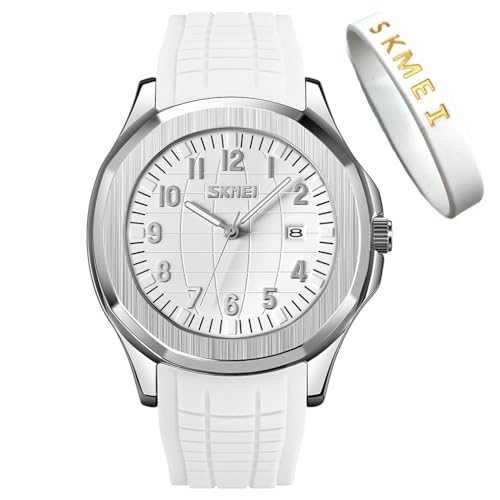 SKMEI Uhren für Herren, Silikon, leicht abzulesen, wasserdicht, sportlich, lässig, modisch, analog, Quarz, leuchtende Väter, Geschenke, schwarze Armbanduhr, G9286white von SKMEI