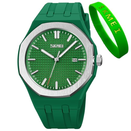 SKMEI Uhren für Herren, Silikon, leicht abzulesen, wasserdicht, sportlich, lässig, modisch, analog, Quarz, leuchtende Väter, Geschenke, schwarze Armbanduhr, G9299green von SKMEI