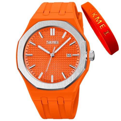 SKMEI Uhren für Herren, Silikon, leicht abzulesen, wasserdicht, sportlich, lässig, modisch, analog, Quarz, leuchtende Väter, Geschenke, schwarze Armbanduhr, G9299orange von SKMEI