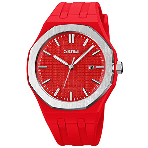 SKMEI Uhren für Herren, Silikon, leicht abzulesen, wasserdicht, sportlich, lässig, modisch, analog, Quarz, leuchtende Väter, Geschenke, schwarze Armbanduhr, G9299red von SKMEI