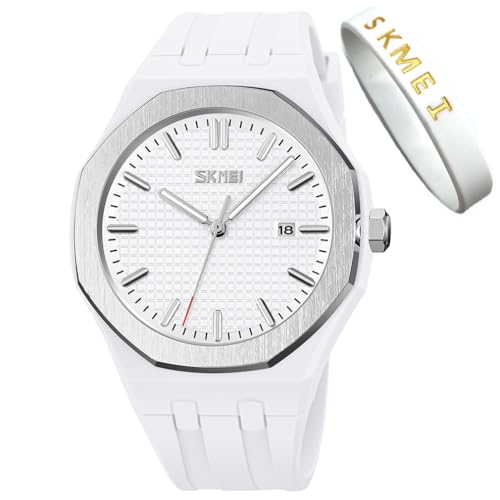 SKMEI Uhren für Herren, Silikon, leicht abzulesen, wasserdicht, sportlich, lässig, modisch, analog, Quarz, leuchtende Väter, Geschenke, schwarze Armbanduhr, G9299white von SKMEI