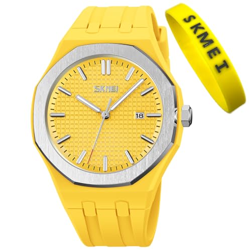 SKMEI Uhren für Herren, Silikon, leicht abzulesen, wasserdicht, sportlich, lässig, modisch, analog, Quarz, leuchtende Väter, Geschenke, schwarze Armbanduhr, G9299yellow von SKMEI