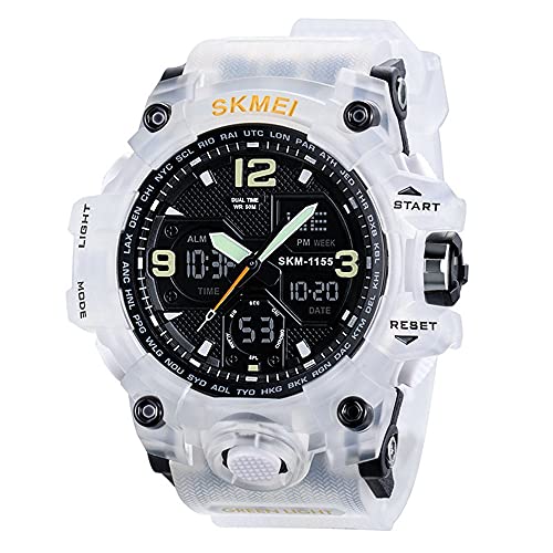 SKMIEI Herren Analog Sportuhr, LED Militär Armbanduhr Große Dual Dial Digital Outdoor Uhren Elektronische Fehlfunktion Zwei Zeitzonen Hintergrundbeleuchtung Wasserdicht Kalender Tag Datum, Weiß, von SKMEI