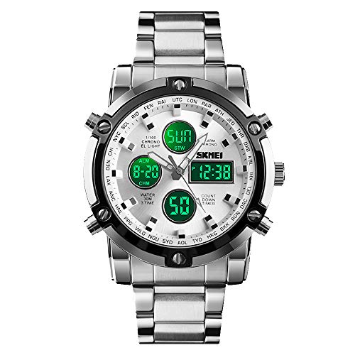 Skmei Herren-Armbanduhr, wasserdicht, Militär-Analog-Digital-Uhr mit LED-Multi-Zeit-Chronograph, Edelstahl, Business-Uhren für Herren Classic 2.28*1.89*0.63 inches Silberfarben von SKMEI