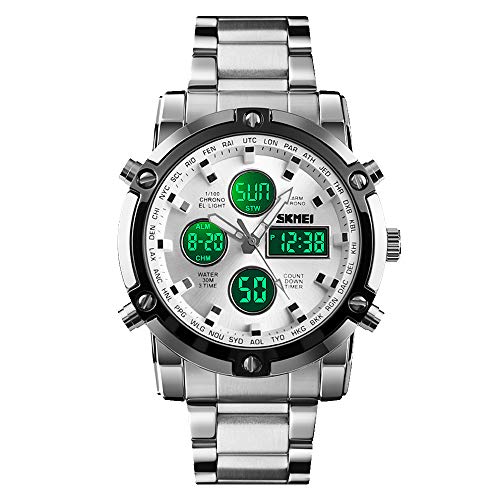 SKMEI Herren-Armbanduhr, wasserdicht, militärisch, analog, digital, mit LED, mehrzeitiger Chronograph, Edelstahl, Business-Uhren für Herren, 1389er Silber, Silber, 2.28*1.89*0.63 inches, Sportlich von SKMEI