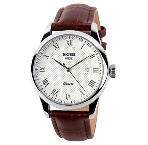 Skmei Herren Quarz Uhr, Römische Zahl Business Casual Fashion Analog Armbanduhr Classic Kalender Datum Fenster, wasserdicht 30 m Wasser beständig angenehmer PU-Leder Uhren – Braun von SKMEI