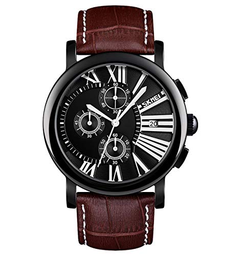 SKMEI Herren-Chronograph, Echtleder, Datumsanzeige, römische Ziffern, Schwarz SK9196VAR, Schwarz mit braunem Armband, Armband von SKMEI