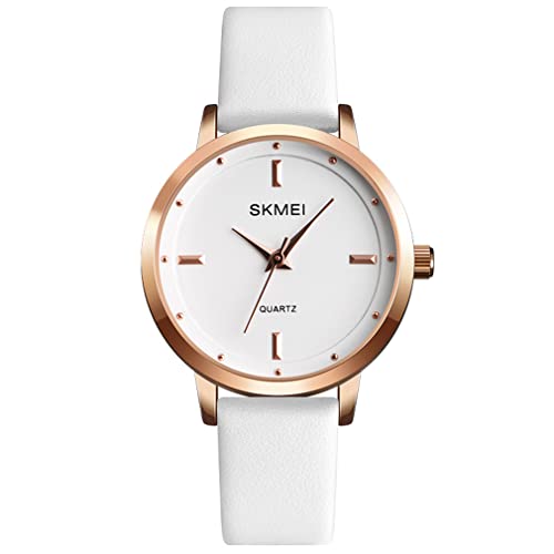 Uhren für Frauen Damen Schwarzes Lederband Mode Einfach Klein Leicht Minimalistisch Dünn Wasserdicht Freizeitkleid Analog Quarz Junges Mädchen Frauen Geschenke Armbanduhr SKMEI, L1457white von SKMEI
