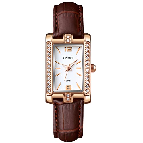 Waches für Frauen Damen Damen Frauen Diamant Roségold Quadratisch Edelstahl Luxus Mode Klein Slim Analog Quarz Wasserdicht Kleid Casual Einfache Frau Mädchen Geschenke Armbanduhr SKMEI, L1690Brown, Modisch von SKMEI