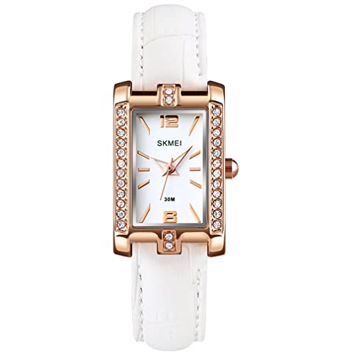 Waches für Frauen Damen Damen Frauen Diamant Roségold Quadratisch Edelstahl Luxus Mode Klein Slim Analog Quarz Wasserdicht Kleid Casual Einfache Frau Mädchen Geschenke Armbanduhr SKMEI, L1690white von SKMEI