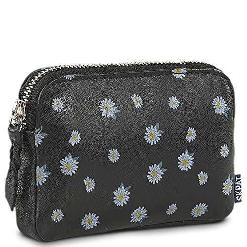 SKPAT - Geldbörse Damen Leder - Strapazierfähige Portmonee Damen Leder - Geldbeutel Damen. Damen-Geldbörsen. Portemonnaie Damen Leder mit Mehreren fächern, Schwarze Gänseblümchen von SKPAT