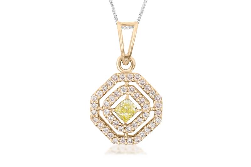 0, 42 Karat Vs/Fancy Yellow Naturkissen Diamantanhänger Mit Natürlichen Hellrosa Diamanten Am Außenring von SKSMHKLTD