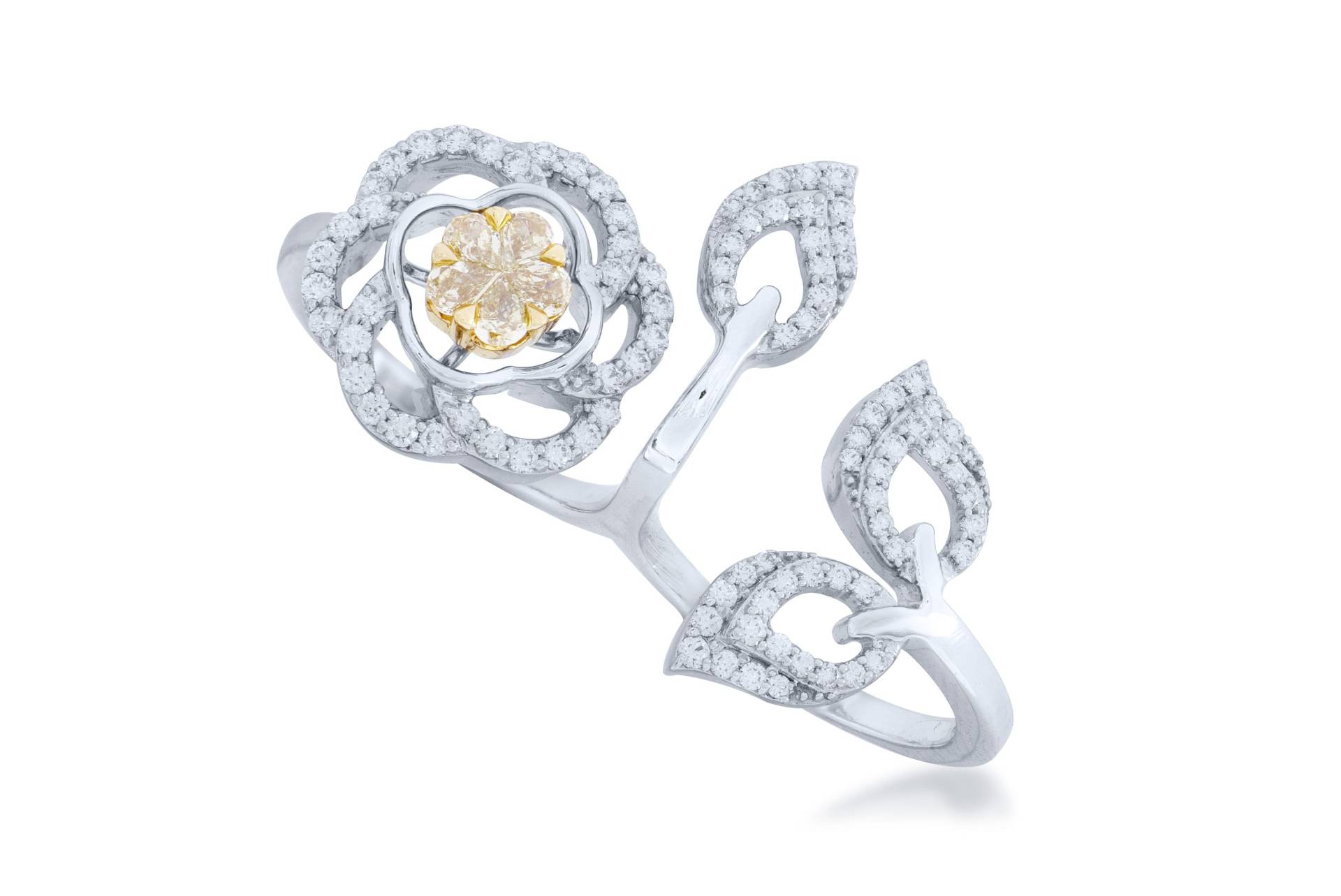Weißer Doppelfinger Diamant Ring, Blume & Blatt Zwei Finger Offener Ring in 18K, Weißgold Ehering von SKSMHKLTD