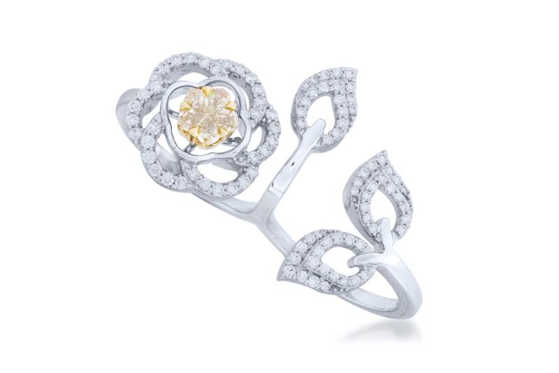 Weißer Doppelfinger Diamant Ring, Blume & Blatt Zwei Finger Offener Ring in 18K, Weißgold Ehering von SKSMHKLTD