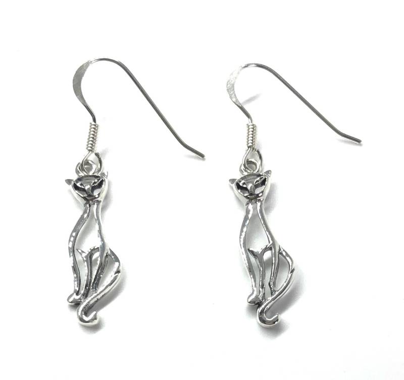 925 Sterling Silber Cat Kätzchen Tropfen Baumeln Ohrringe von SKSilverJewellery