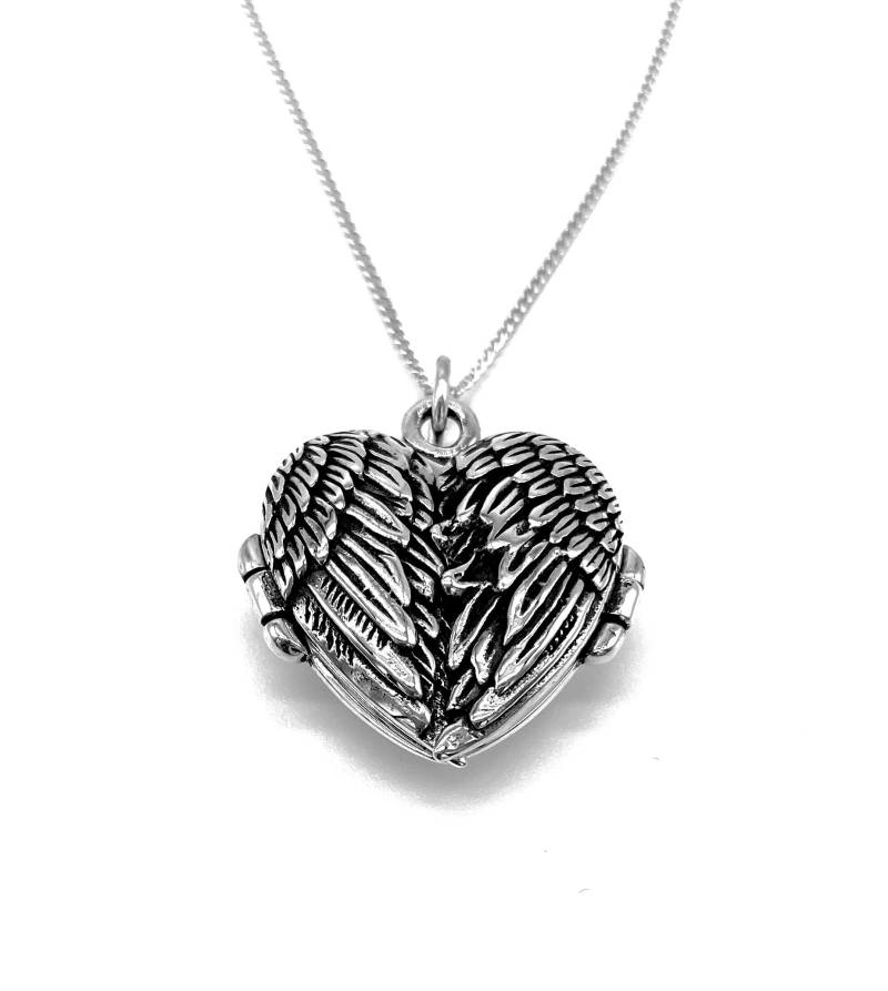 925 Sterling Silber Engel Flügel Herz Photo Locket Halskette Auf Panzerkette von SKSilverJewellery