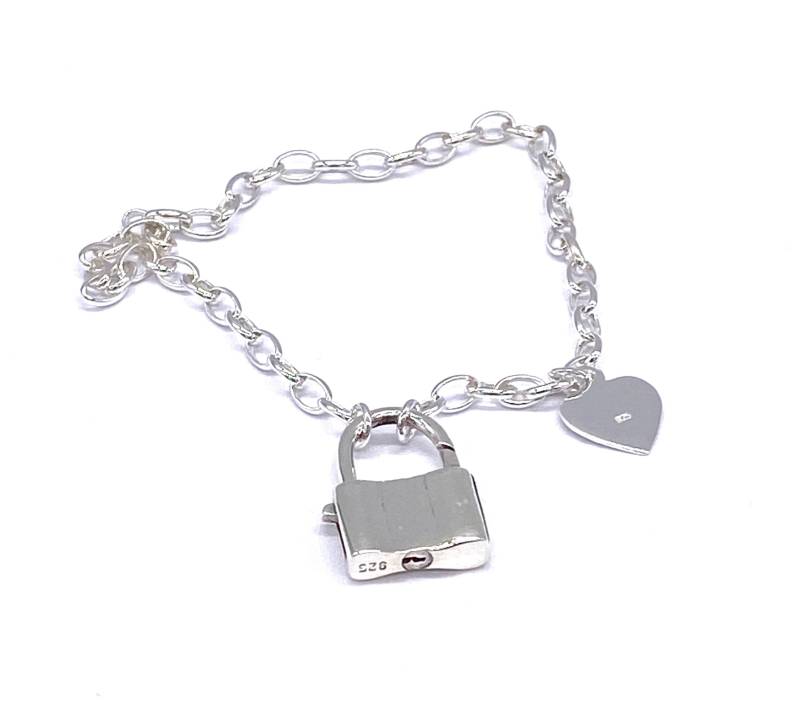 925 Sterling Silber Herz Vorhängeschloss Charm Kabel Kettenarmband 7.5 "/ 19 cm Lang von SKSilverJewellery