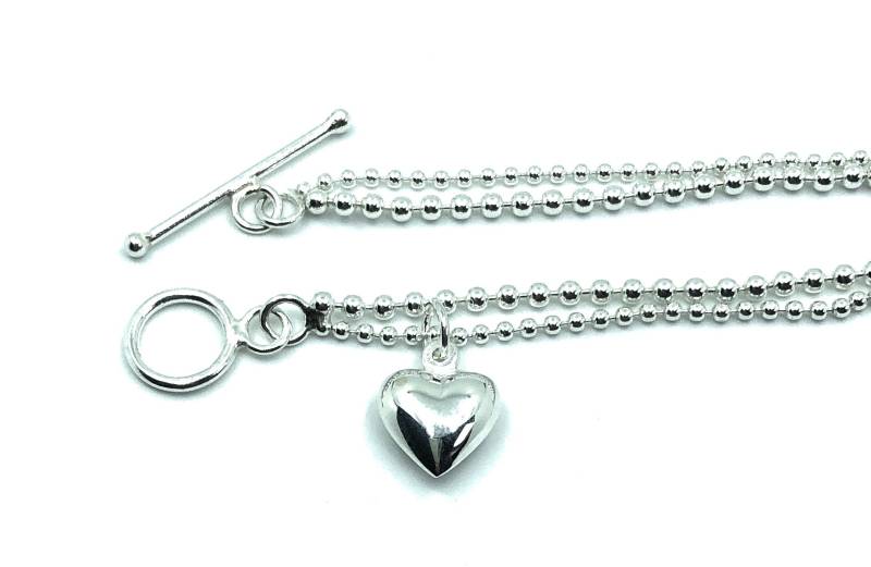925 Sterling Silber Kugel T Bar Armband & Herz Charm 19 cm 7, 5" Lang von SKSilverJewellery