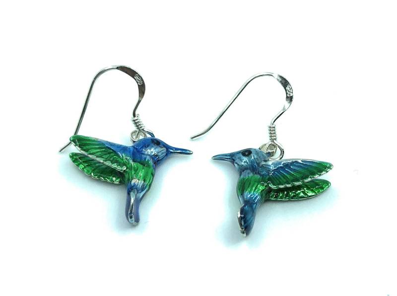 925 Sterling Silber Solid Blau Grün Kolibri Vogel Tropfen Baumeln Ohrringe von SKSilverJewellery