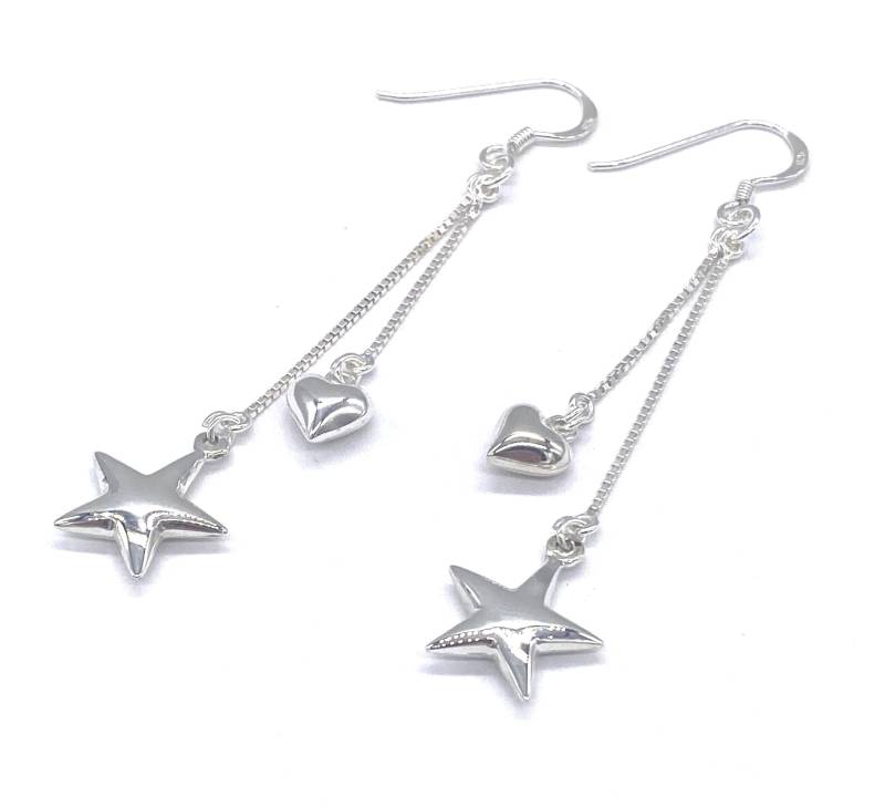925 Sterling Silber Stern Und Herz Lange Kette Tropfen Ohrhänger von SKSilverJewellery