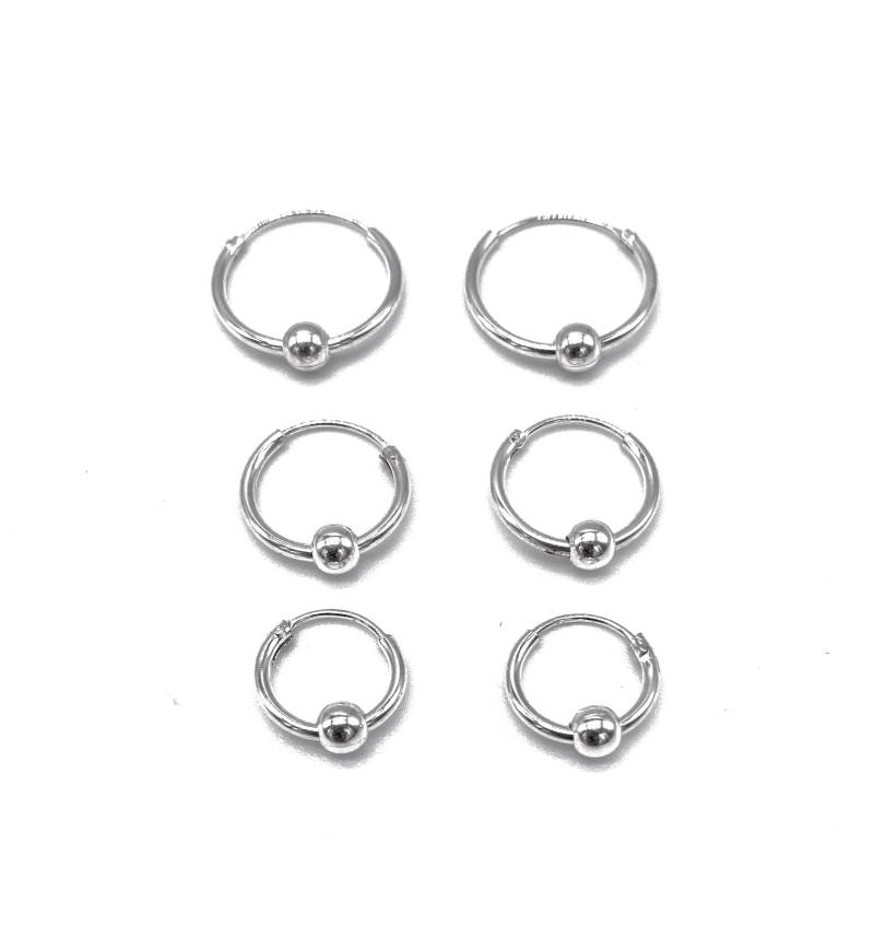 sterling Silber Kleine Creolen Schläfer Ohrringe Mit Beweglicher Kugel - 3 Paar 10, 12, 14 Mm von SKSilverJewellery