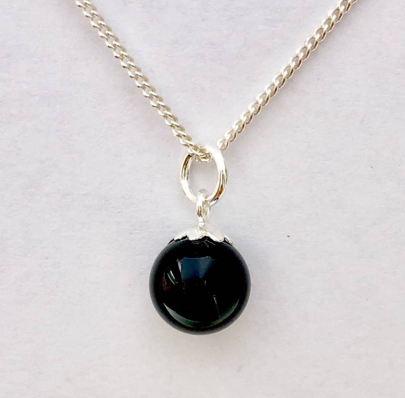 sterling Silber Schwarz Onyx Ball Anhänger Halskette Mit Panzerkette Option von SKSilverJewellery
