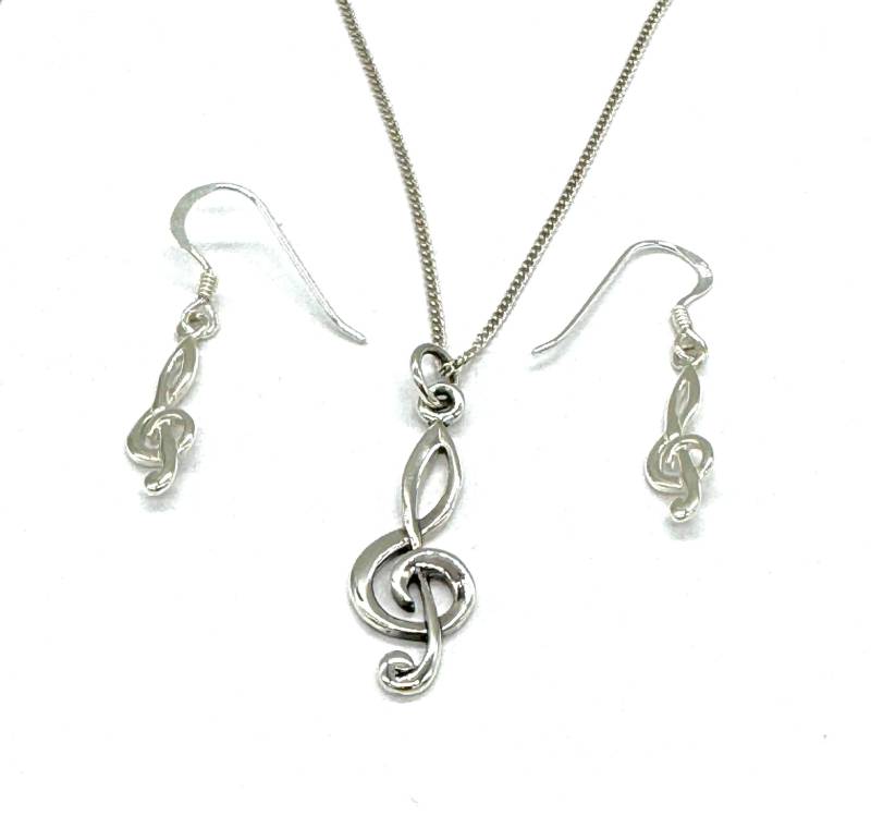 sterling Silber Violinschlüssel Schmuck-Set Musik Hinweis Ohrringe & Anhänger Panzerkette Option von SKSilverJewellery