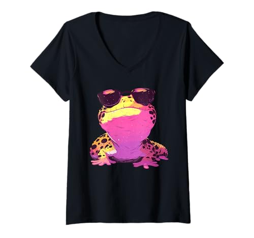Damen Lustiges Kawaii Eidechse mit Sonnenbrille Pastell Goth Leopard Gecko T-Shirt mit V-Ausschnitt Damen Lustiges Kawaii Eidechse mit Sonnenbrille Pastell Goth Leopard Gecko T-Shirt mit V-Ausschnitt von SKULIJI Pastel Goth Leopard Gecko Lizard Graphics