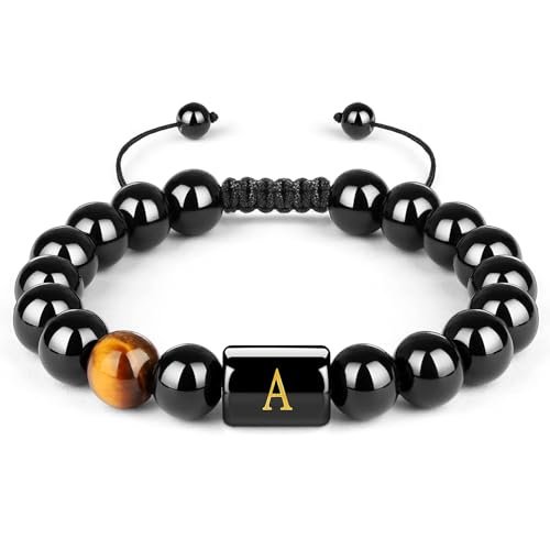 Armbänder für Herren, Initialen, Buchstaben-Glied, handgefertigt, natürlicher schwarzer Onyx, Tigerauge, Steinperlen, geflochtenes Seil, bedeutungsvolles Armband, 8, Stein, Obsidian Armbänder für Herren, Initialen, Buchstaben-Glied, handgefertigt, natürlicher schwarzer Onyx, Tigerauge, Steinperlen, geflochtenes Seil, bedeutungsvolles Armband, 8, Stein, Obsidian von SKYBD