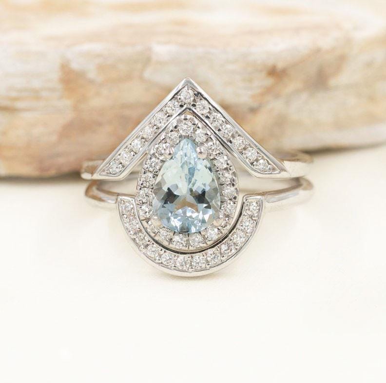 14K Weißgold Aquamarin Diamant Ring Set - Handgemachter Brautschmuck von SKYFineJewelryUS