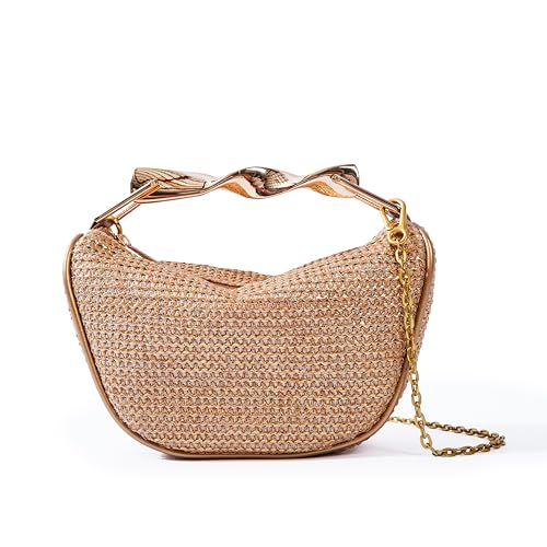 SKYK Stroh-Umhängetasche für Damen, Sommer, Mini-Umhängetasche, Handtasche, Tragegriff oben, gewebte Umhängetasche, Gold, Boho von SKYK