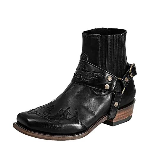 SKYOLL Herren Vintage Römischer Lederstiefel Retro Cowboy Winterstiefel Western Cowboystiefel Freizeitschuhe Biker Boots mit Schnalle Motorradstiefel Stiefeletten von SKYOLL