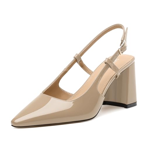 SKYSTERRY Damen Slingback Heels Quadratisch Geschlossene Zehen Chunky Block High Heel Pumps Bequeme Arbeit Hochzeit Party Kleid Schuhe 6,6 cm, Hautfarben, 37.5 EU von SKYSTERRY