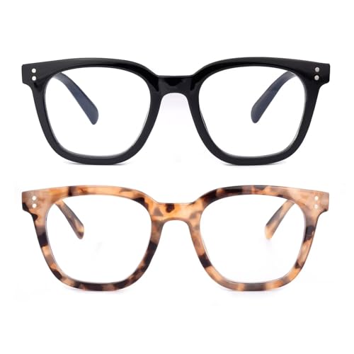 SKYWAY 2er-Pack Lesebrille für Damen Herren-Computerlesebrille mit Blaulichtfilter-Übergroße Quadratische Lesebrille mit Federscharnier-Blendschutz/Augenbeschwerden (Schwarz/Braun Schildpatt,2.0) von SKYWAY