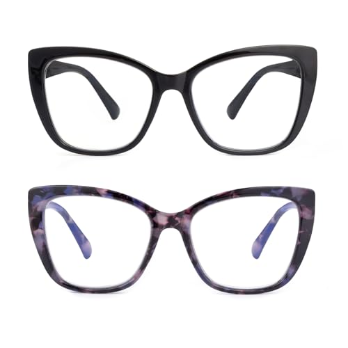 SKYWAY 2er-Pack Übergröße Lesebrille Damen, Groß Mode Quadratische Cat Eye Blaulicht Blockierende Computerbrille mit Sehstärke (Schwarz/Lila Schildpatt,1.0) von SKYWAY